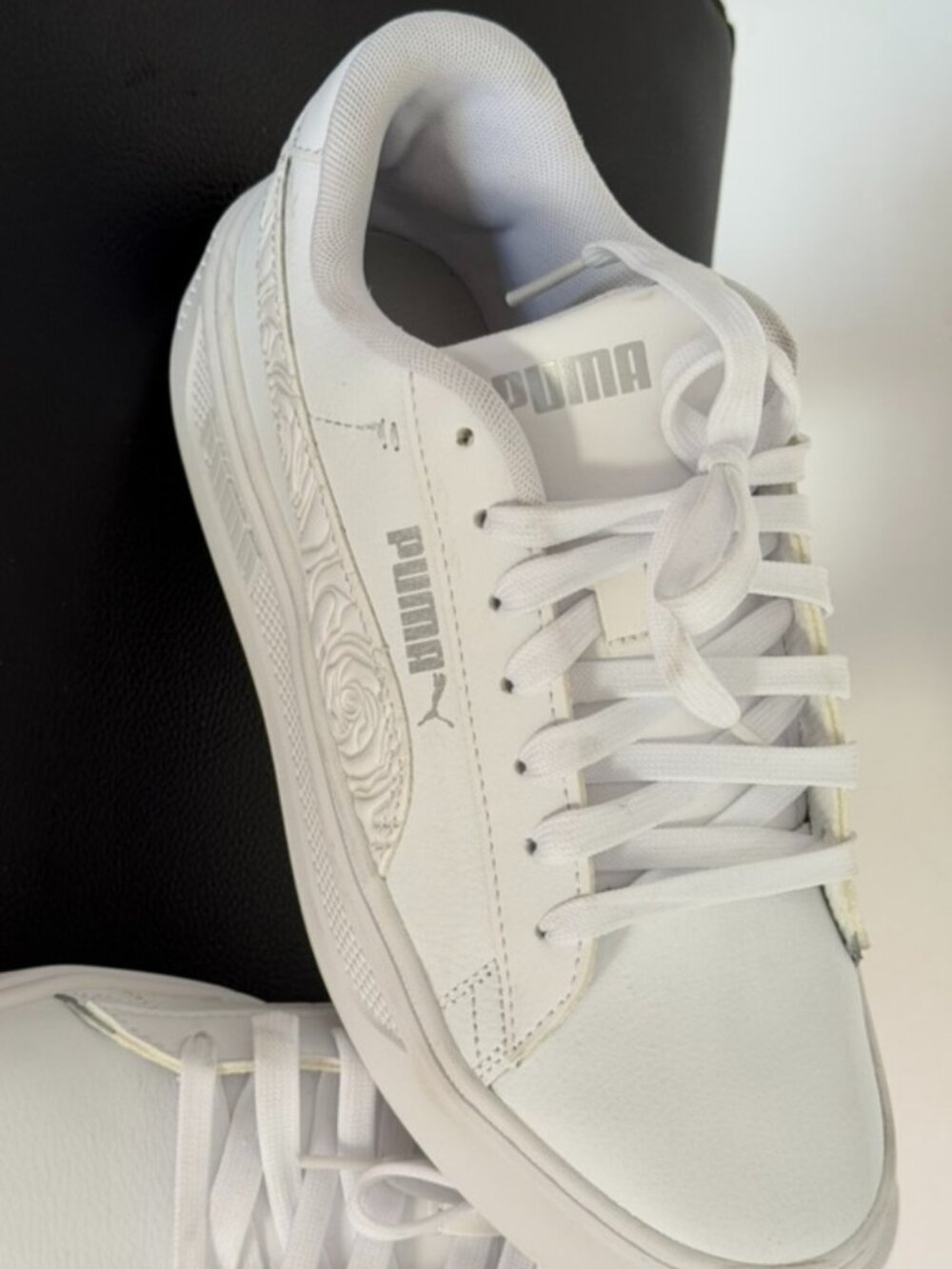 Puma Smash Platform v3 Imprints Sneakers – White Leather Embossed Roses – Women'